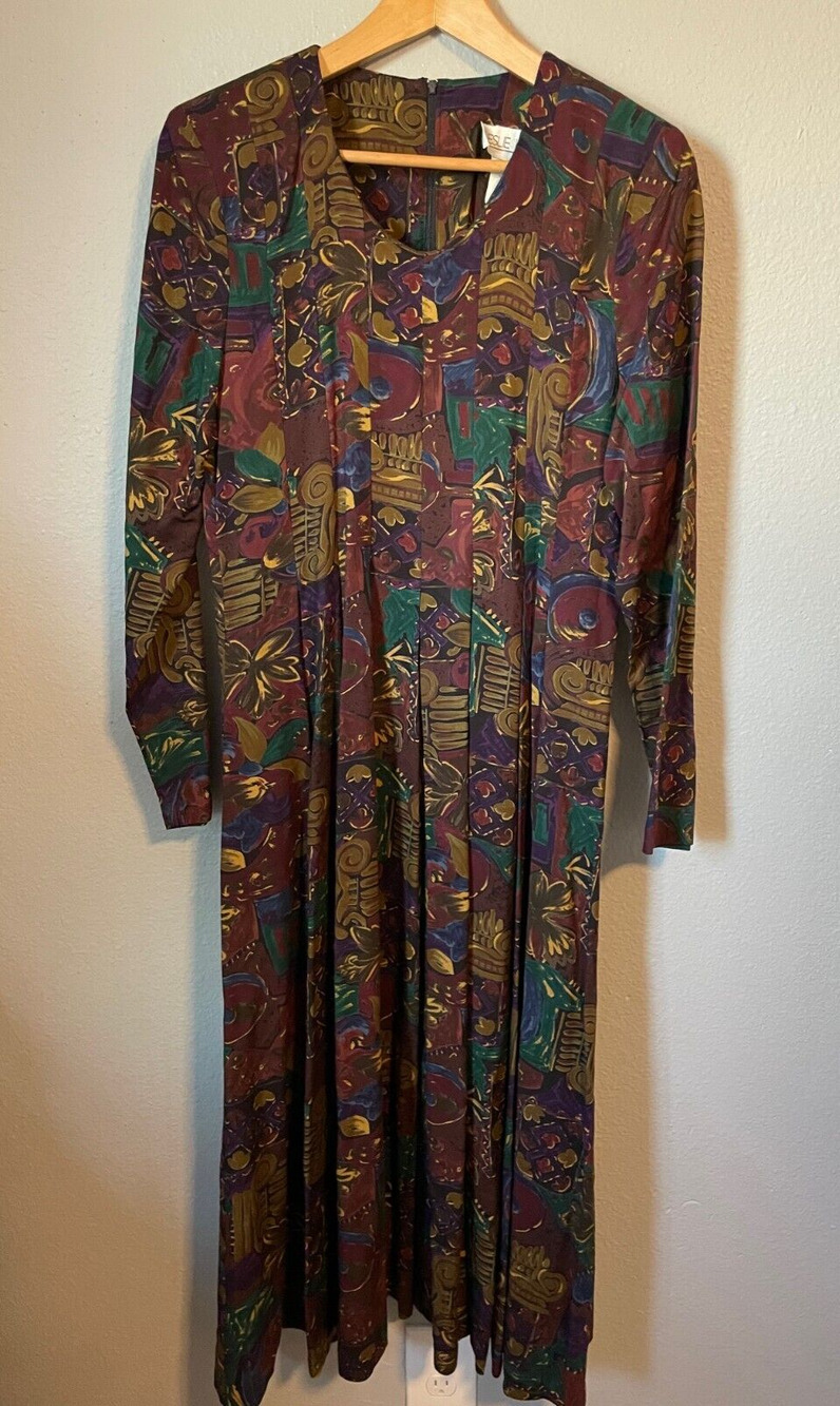 Vintage Womens Maxi Dress Size 4 Abstract Print Pleated Artsy Wacky Boho 90s